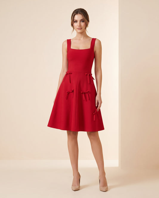 Bow Detail Mini Dress Red worn by a model