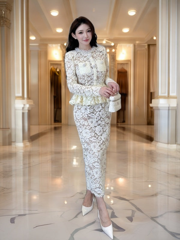 Ivory Lace Peplum Top and Maxi Skirt Set model front view · nz-bg-v1
