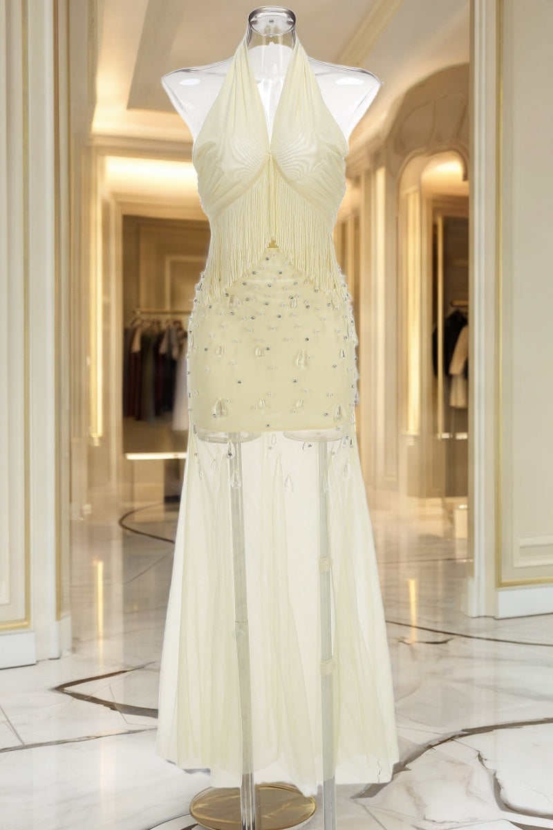 Pearl-Embellished Fringe Halter Maxi Dress in Butter mannequin view · nz-bg-v1