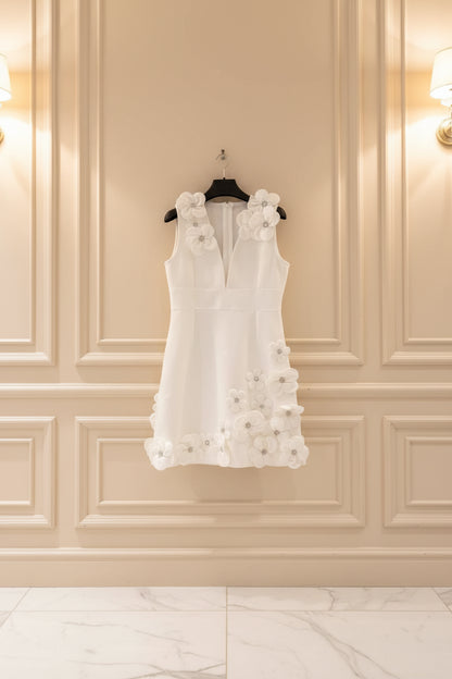 Deep V Neck Floral Applique Bodycon Mini Dress white hanging view · nz-bg-v1