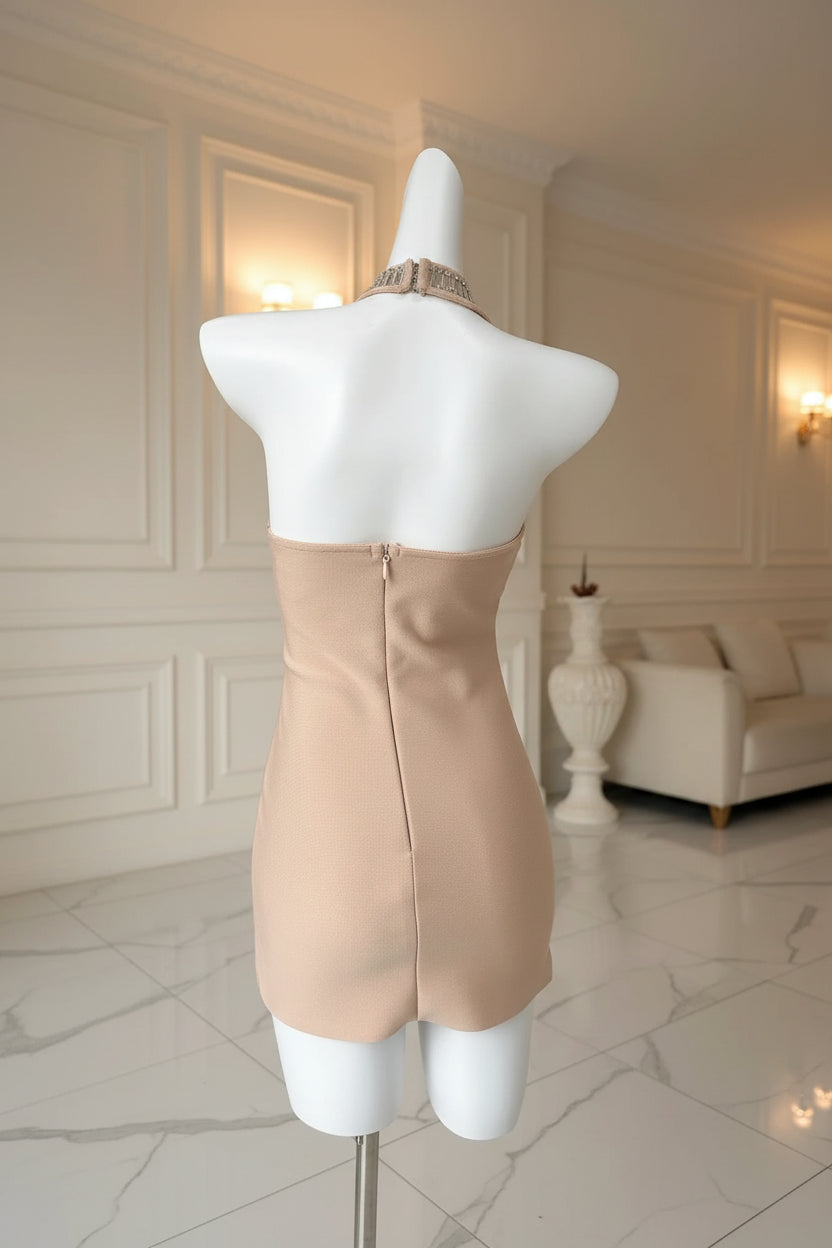 Nude Halter Neck Mini Dress Silver Rhinestone back view · nz-bg-v1