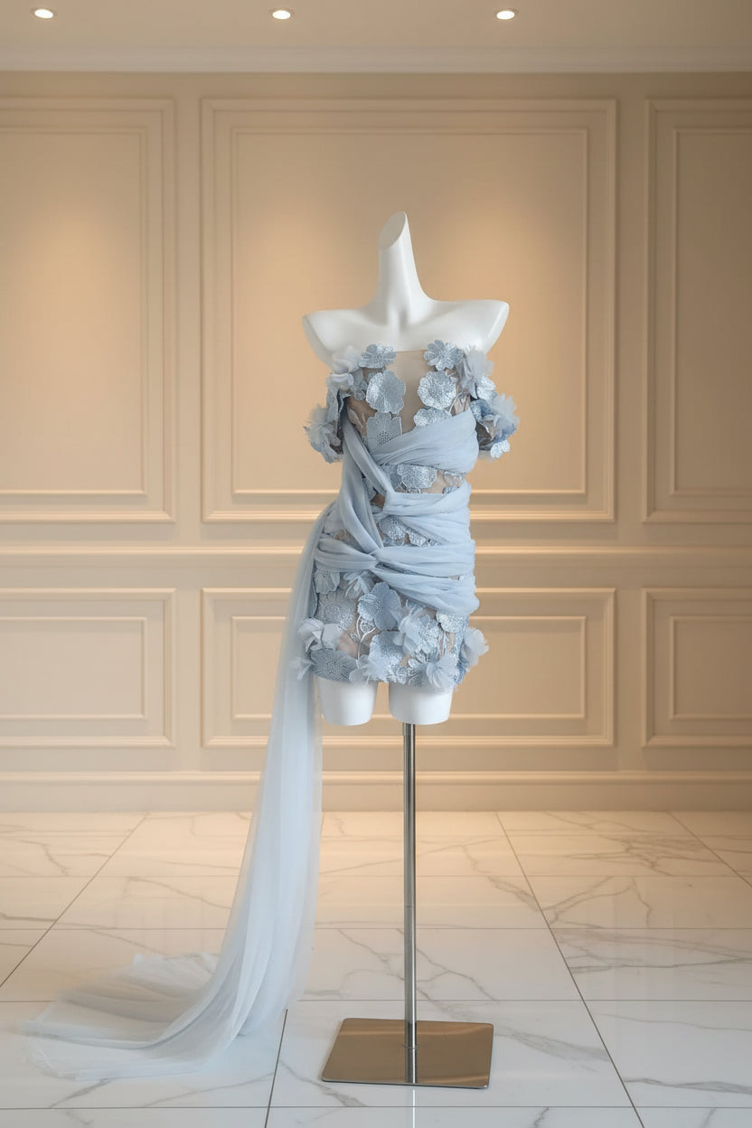 Baby Blue 3D Floral Off-Shoulder Mini Dress boutique view · nz-bg-v1