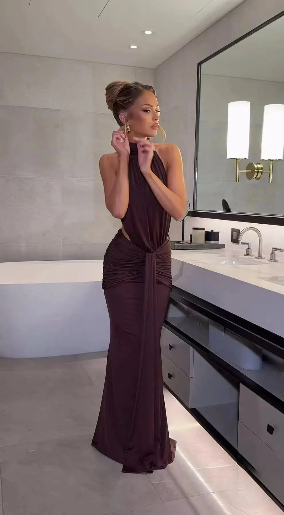 Halter Neck Dress Backless burgundy side view · nz-alt-v1