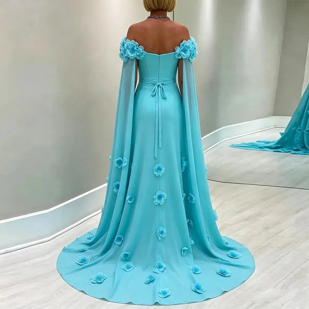 3D Flowers Formal Off Shoulder Dress back view on model · nz-bg-v1