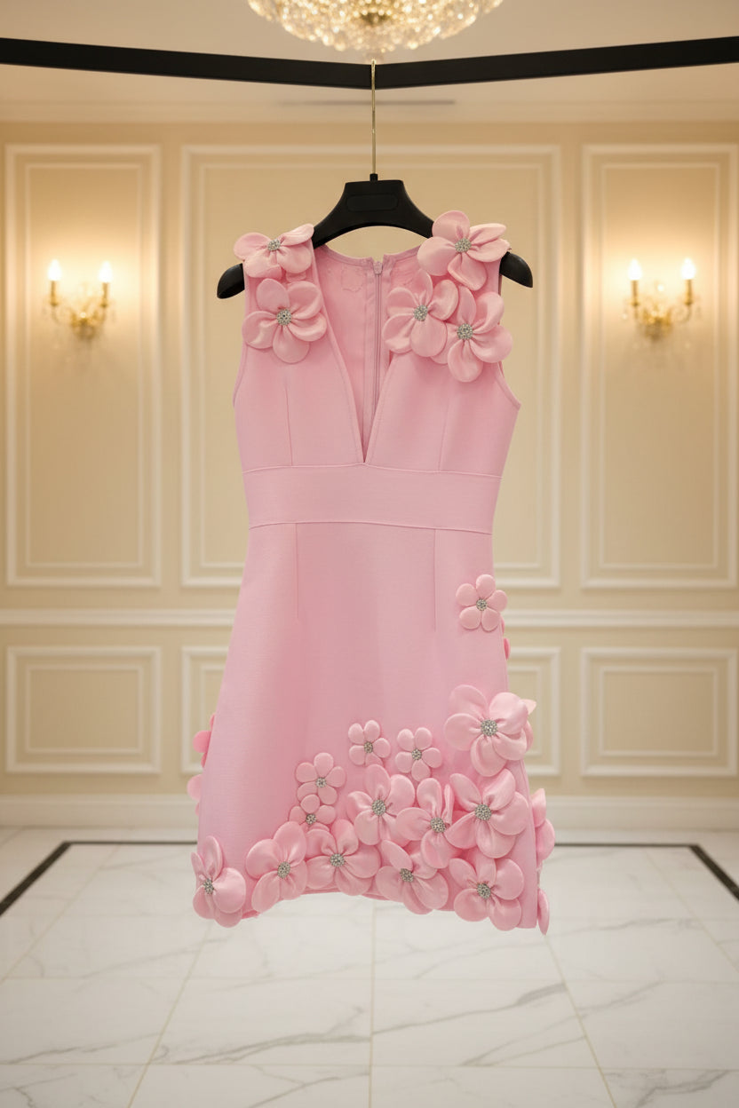 Deep V Neck Floral Applique Bodycon Mini Dress pink hanging view · nz-bg-v1