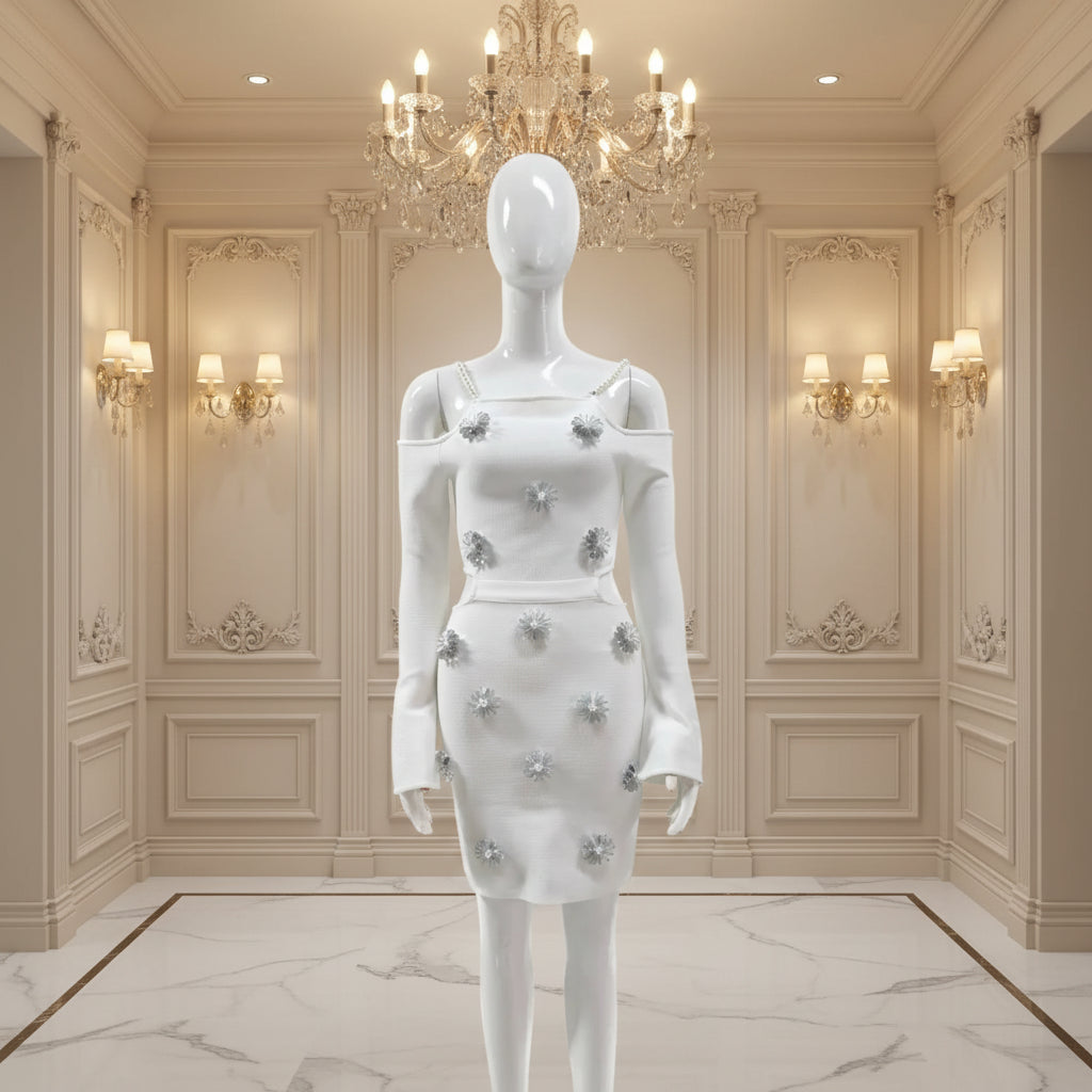 Beaded Cutout Mini Knitted Long Sleeves White Dress main view · nz-main-v1