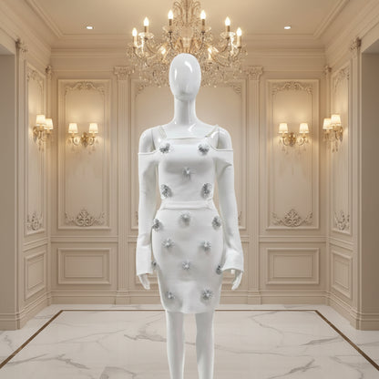 Beaded Cutout Mini Knitted Long Sleeves White Dress main view · nz-main-v1