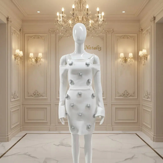 Beaded Cutout Mini Knitted Long Sleeves White Dress main view · nz-main-v2