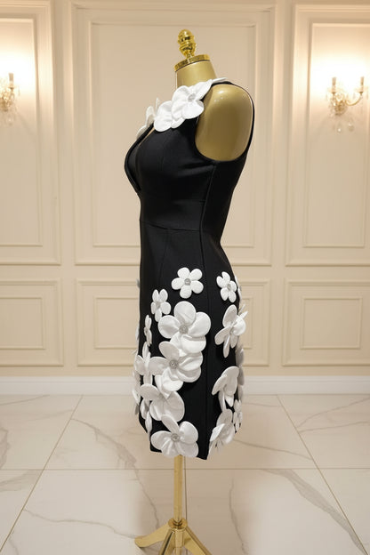 Deep V Neck Floral Applique Bodycon Mini Dress black side view · nz-bg-v1