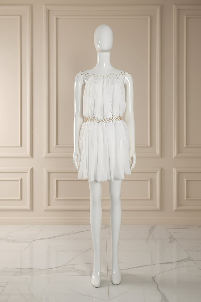 Ladies Metal Hollow Out Mini Party Dress white front view · nz-bg-v1