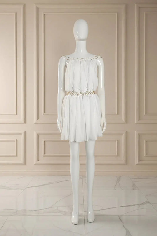 Ladies Metal Hollow Out Mini Party Dress white front view · nz-bg-v1