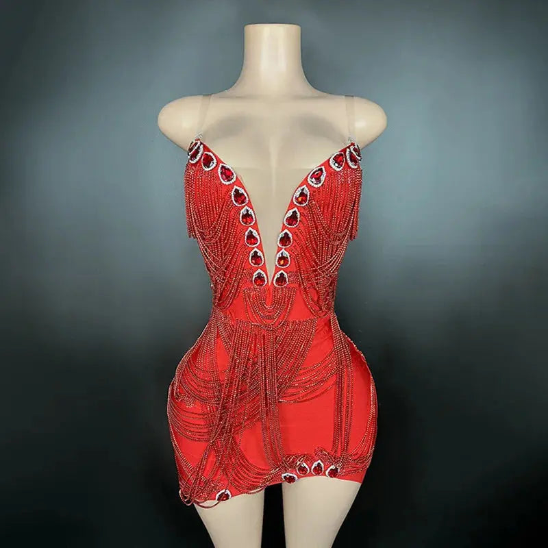 Red Crystal Rhinestone Fringe Mini Dress mannequin view · nz-alt-v1