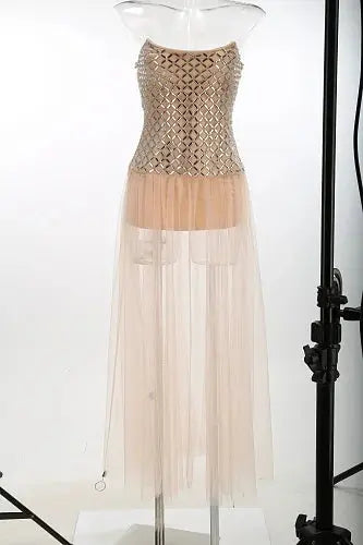 Champagne Sweetheart Strapless Beaded Floor-Length A-Line Dress hanging view · nz-alt-v1