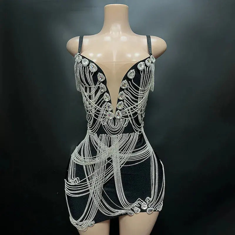 Crystal Rhinestone Fringe Mini Dress black mannequin view · nz-alt-v1