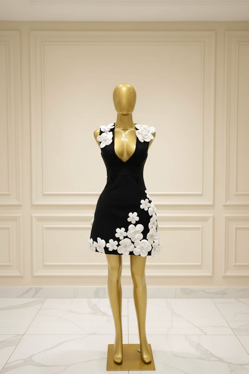 Deep V Neck Floral Applique Bodycon Mini Dress black mannequin view · nz-bg-v1