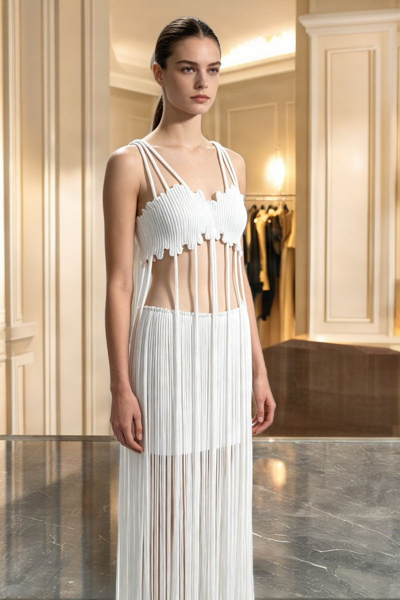 Fringe Maxi Dress in White model front view · nz-bg-v1