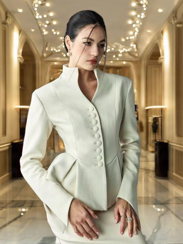 Ivory Peplum Jacket and Midi Skirt Two-Piece Set model front view · nz-bg-v1