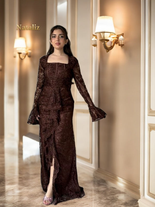 Chocolate Lace Maxi Dress with Ruffle Front Slit model front view · nz-alt-v1