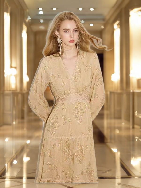 Gold Embroidered V-Neck Tiered Maxi Dress model front view · nz-bg-v1