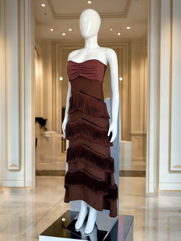 Strapless Fringe Tiered Midi Dress in Chocolate mannequin view · nz-bg-v1