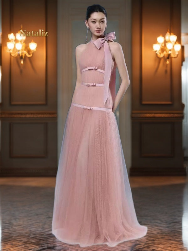 Blush Pink Halter Bow Tulle Maxi Gown model front view