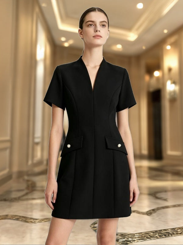 Tailored V-Neck Mini Dress with Pocket Flaps model front view · nz-bg-v1
