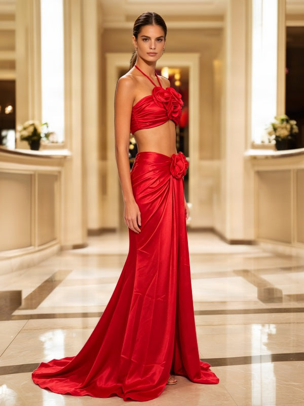 Red Rosette Halter Crop Top and Maxi Skirt Set model front view · nz-bg-v1