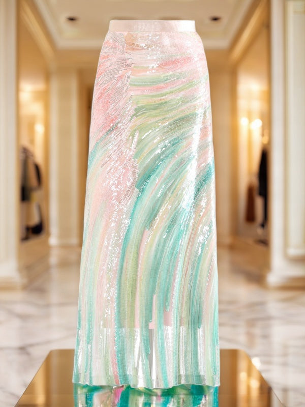 Sequin Brushstroke Maxi Skirt in Pastel Pink and Green flat lay view · nz-bg-v1