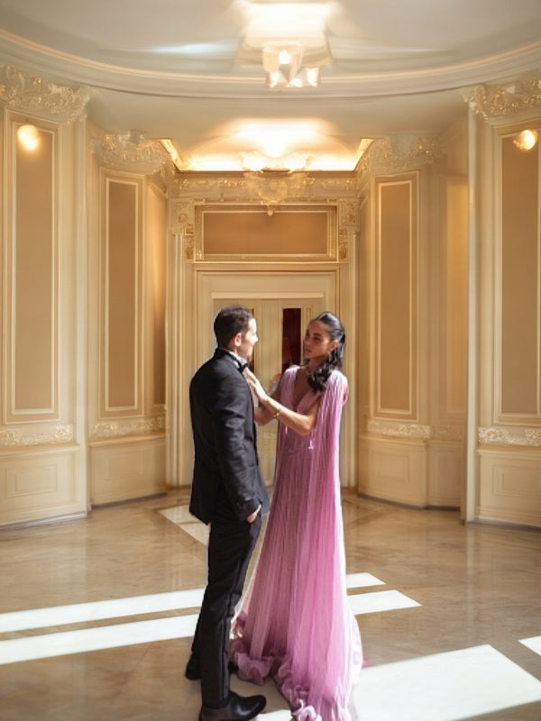 Pleated Cape-Sleeve Maxi Gown in Blush Pink side view · nz-bg-v1