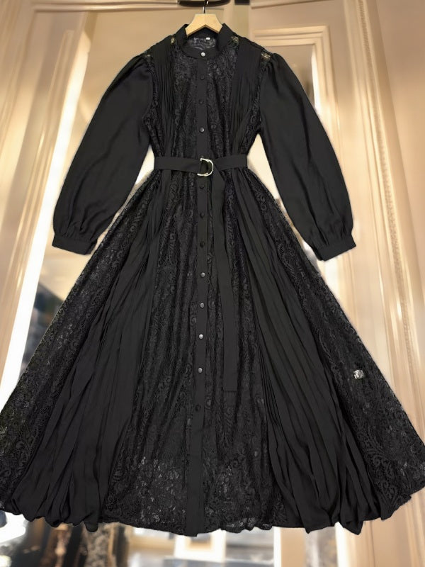 Lace Panel Pleated Maxi Shirt Dress with Belt hanging view · nz-bg-v1
