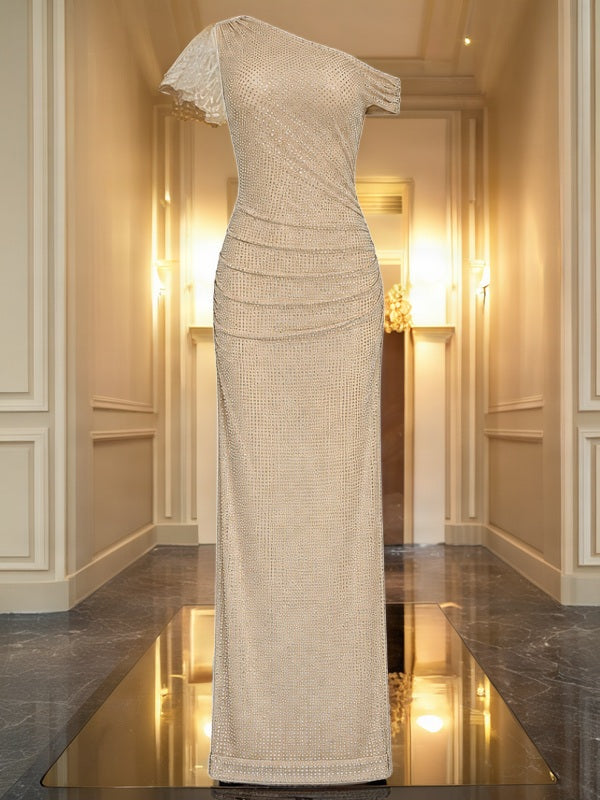 Crystal-Embellished One-Shoulder Ruched Maxi Dress mannequin view · nz-bg-v1