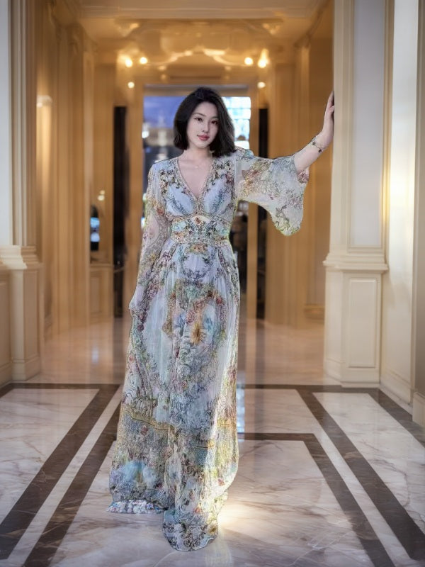 Baroque Floral Print V-Neck Maxi Dress model front view · nz-bg-v1