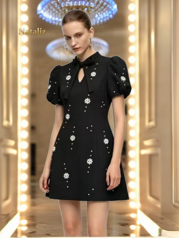 Beaded Daisy Bow-Neck Puff Sleeve Mini Dress model front view · nz-alt-v1