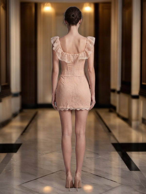 Blush Lace Ruffle Corset Mini Dress model back view · nz-bg-v1