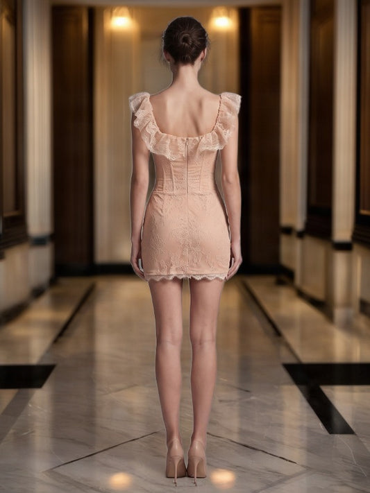 Blush Ruffle Corset Mini Dress model back view · nz-bg-v1