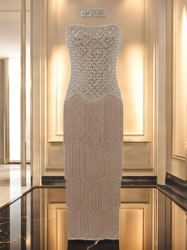 Embellished Strapless Tiered Fringe Maxi Dress flat lay view · nz-bg-v1
