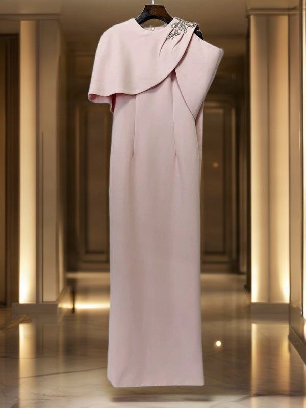 Blush Pink Embellished Cape Maxi Gown hanging view · nz-bg-v1
