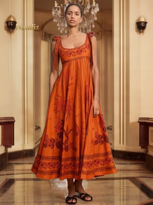 Tie-Shoulder Tropical Print Maxi Dress in Burnt Orange model front view