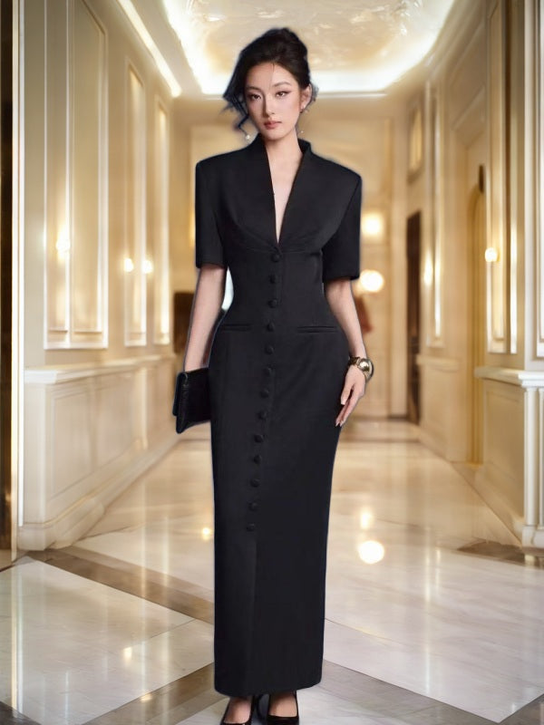 Tailored Button-Front Maxi Dress with Back Slit model front view · nz-bg-v1