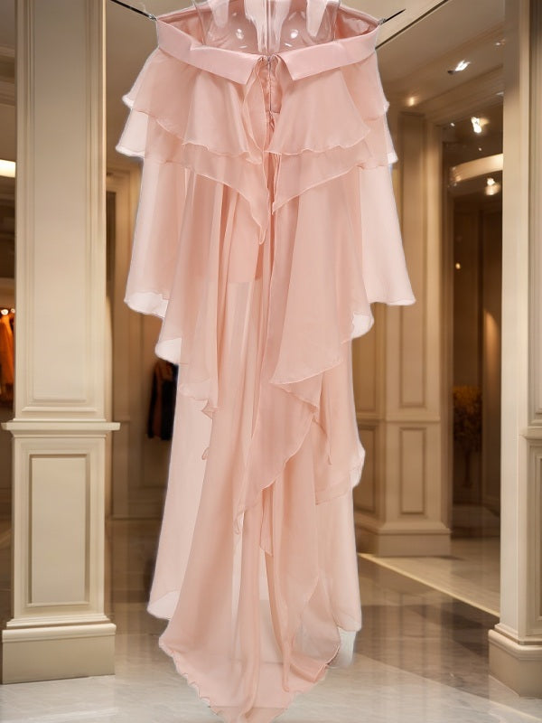 Off-Shoulder Ruffle Maxi Dress in Blush Pink hanging view · nz-bg-v1