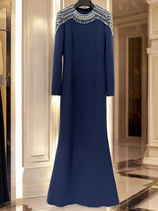 Crystal-Embellished Long Sleeve Navy Maxi Gown hanging view · nz-bg-v1