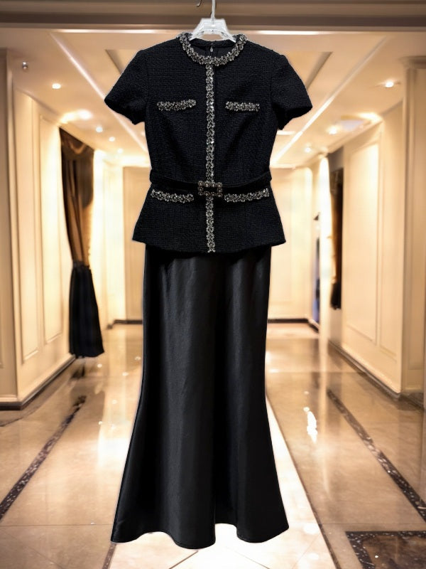 Black Embellished Tweed-Look Jacket & Maxi Skirt Set hanging view · nz-bg-v1