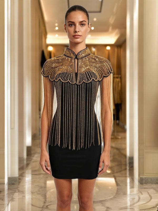 Ivory Mini Dress with Gold Beaded Fringe Capelet model front view · nz-bg-v1