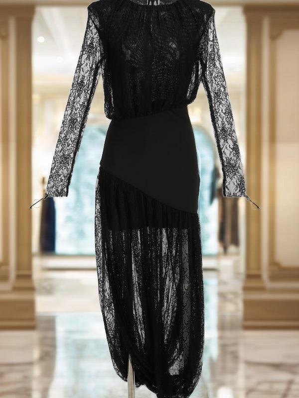 Sheer Floral Lace Long Sleeve Maxi Dress in Black hanging view · nz-bg-v1