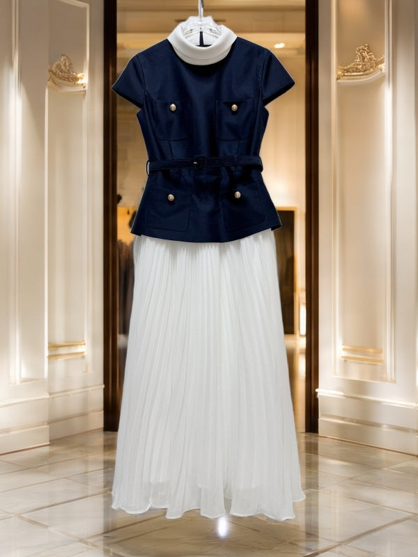 Navy Belted Top & White Pleated Maxi Skirt Set hanging view · nz-bg-v1