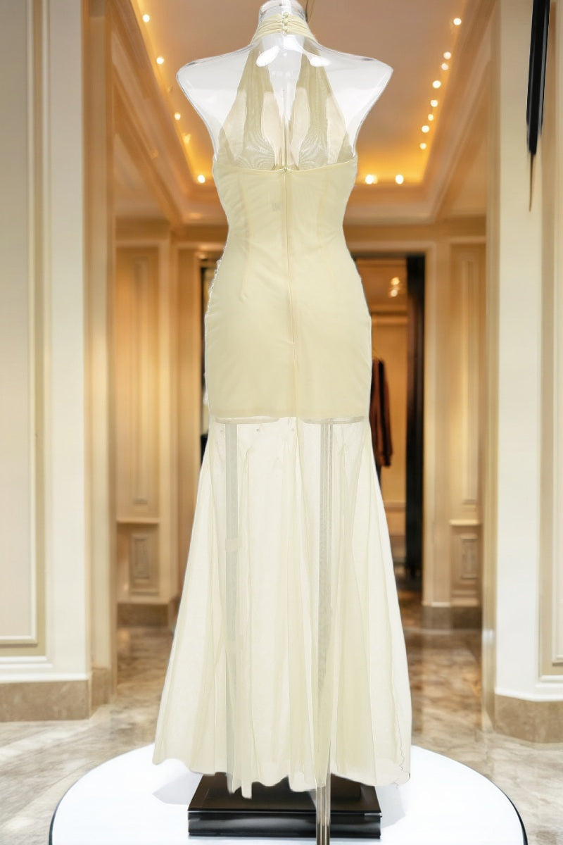 Pearl-Embellished Fringe Halter Maxi Dress in Butter mannequin view · nz-bg-v1
