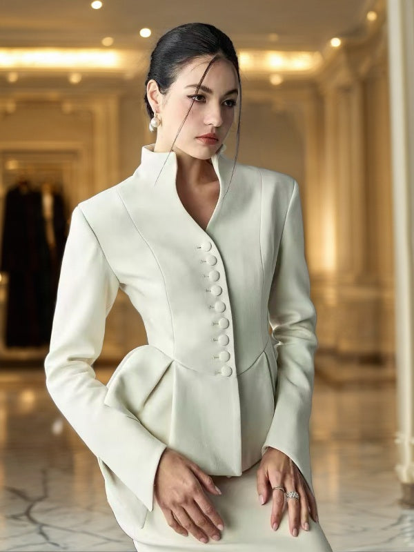 Ivory Peplum Jacket and Midi Skirt Two-Piece Set model front view · nz-bg-v1