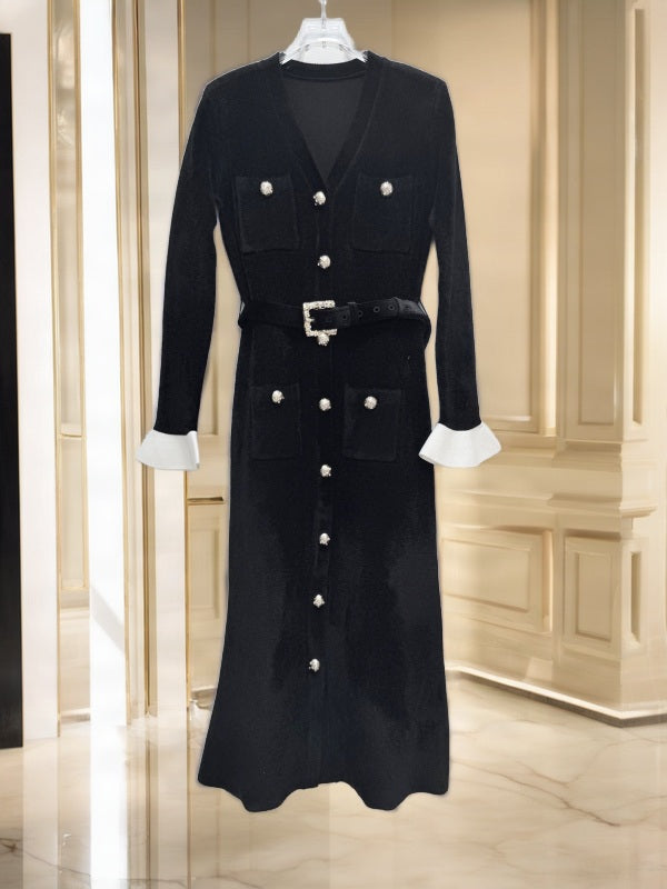Belted Button-Front Midi Dress in Black hanging view · nz-bg-v1
