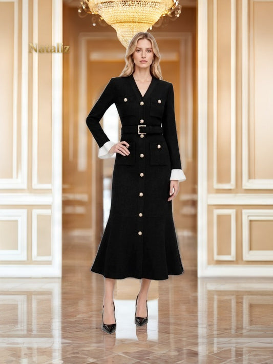 Belted Button-Front Midi Dress in Black model front view