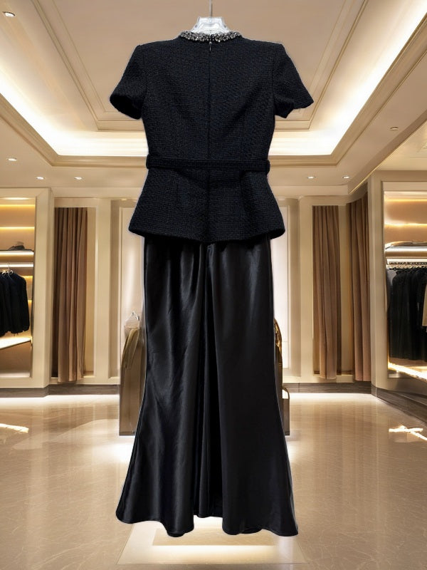 Black Embellished Tweed-Look Jacket & Maxi Skirt Set hanging view · nz-bg-v1